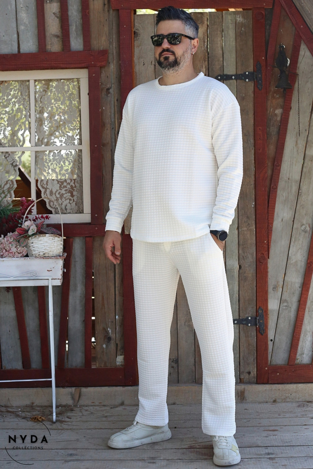 Men's Quilted Fabric Regular Long Sleeve Sweatshirt with Pockets Elastic Waist Lace-Up Pants Set