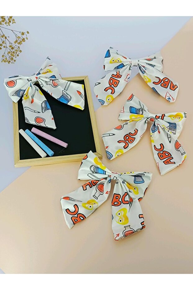 Abc Printed School Supplies Themed 12 cm Satin Bow Fabric Automatic Buckle