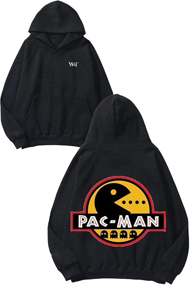 سويت شيرت بقلنسوة أسود بتصميم كلاسيكي من Pac Man مطبوع على الظهر