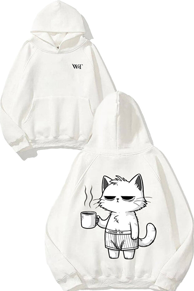 سويت شيرت أبيض بقلنسوة مطبوع عليه تصميم Coffee Cat
