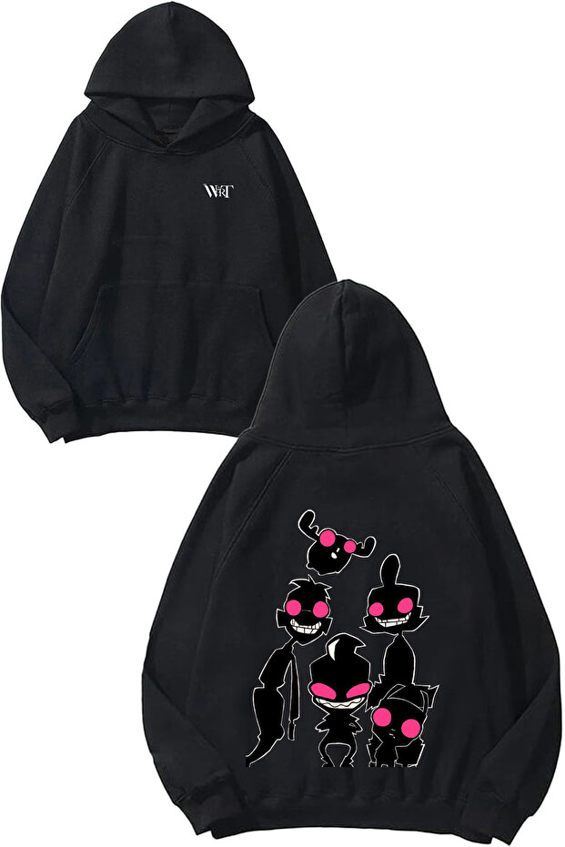 سويت شيرت بقلنسوة أسود بتصميم Invader Zim Pink مطبوع على الظهر