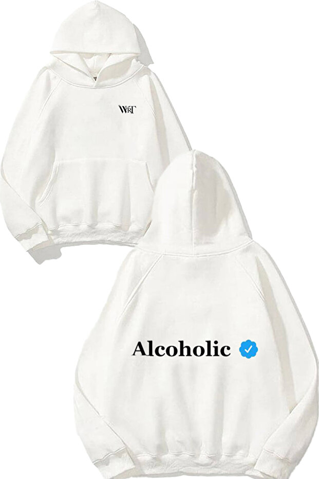 Verified Alcoholic Design Back Printed White Hooded Sweatshirt