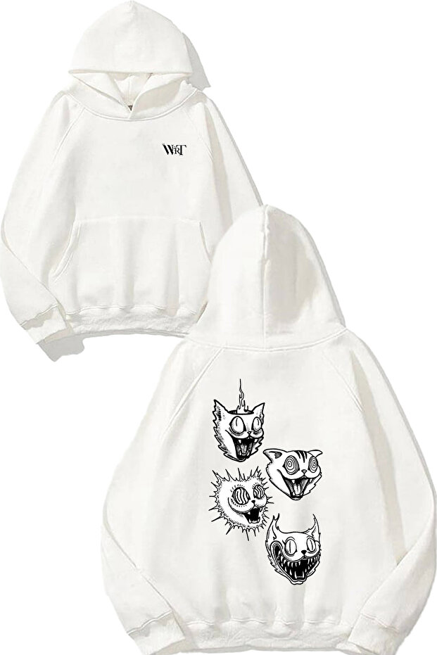 سويت شيرت أبيض بقلنسوة مطبوع عليه تصميم Acid Cat