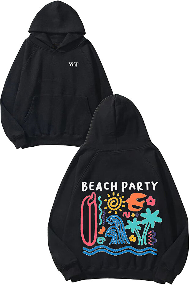 Beach Party Design Back Printed Black Hooded Sweatshirt