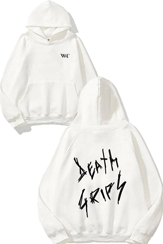 سويت شيرت أبيض بقلنسوة مطبوع عليه تصميم Death Grips 3 على الظهر