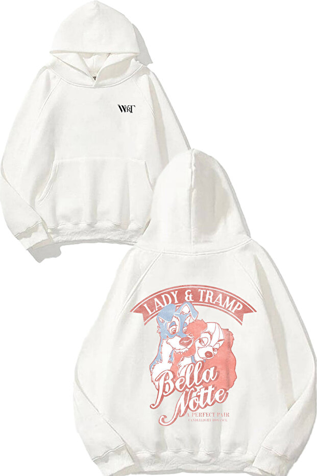 Lady and Tramp Design Back Printed White Hooded Sweatshirt