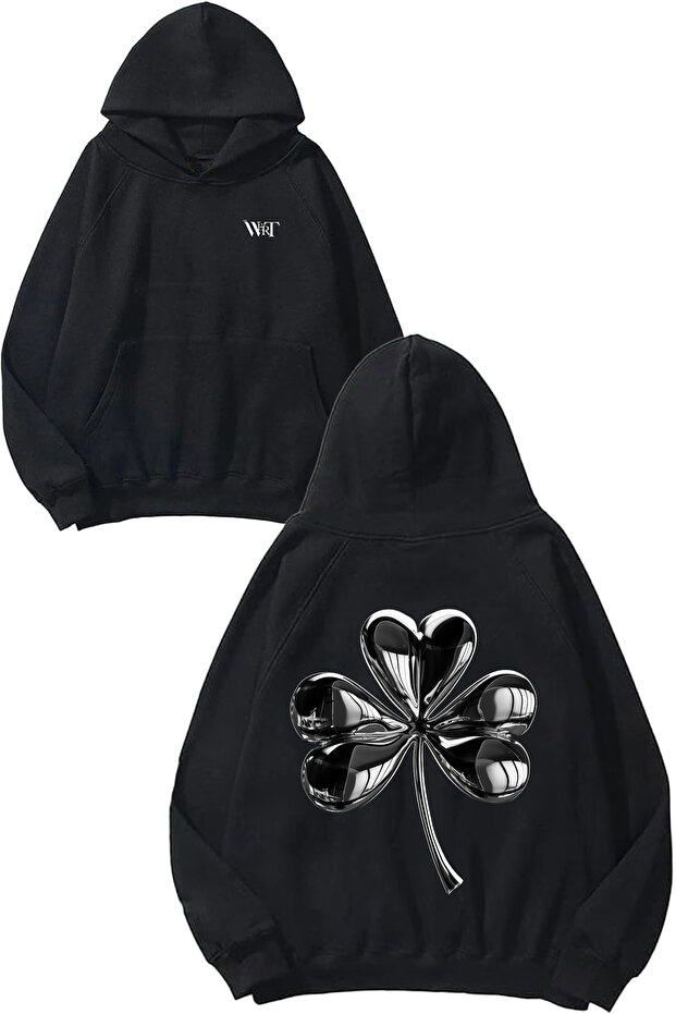 Silver Clover Design Back Printed Black Hooded Sweatshirt