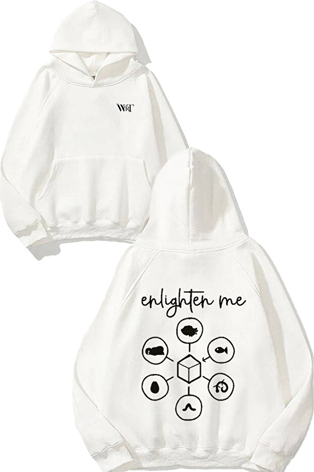 Enlighten Me Design Back Printed White Hooded Sweatshirt