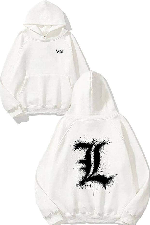 Death Note L Emblem Design Back Printed White Hooded Sweatshirt