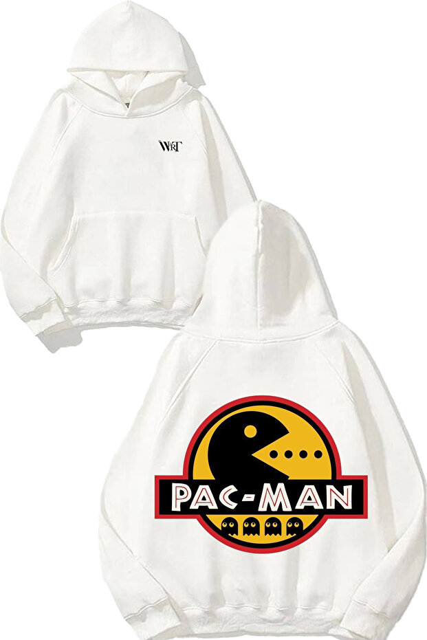 سويت شيرت أبيض بقلنسوة بتصميم كلاسيكي من Pac Man مطبوع على الظهر