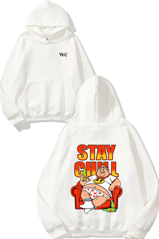 سترة بيضاء بغطاء للرأس مطبوعة بتصميم Stay Chill