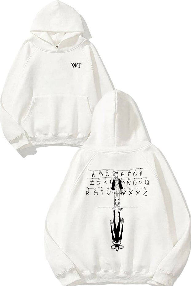 Stranger Things 4 Design Back Printed White Hooded Sweatshirt