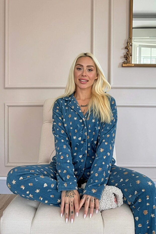 Blue Cookie Patterned Front Buttoned Plush Fleece Pajama Set - 3