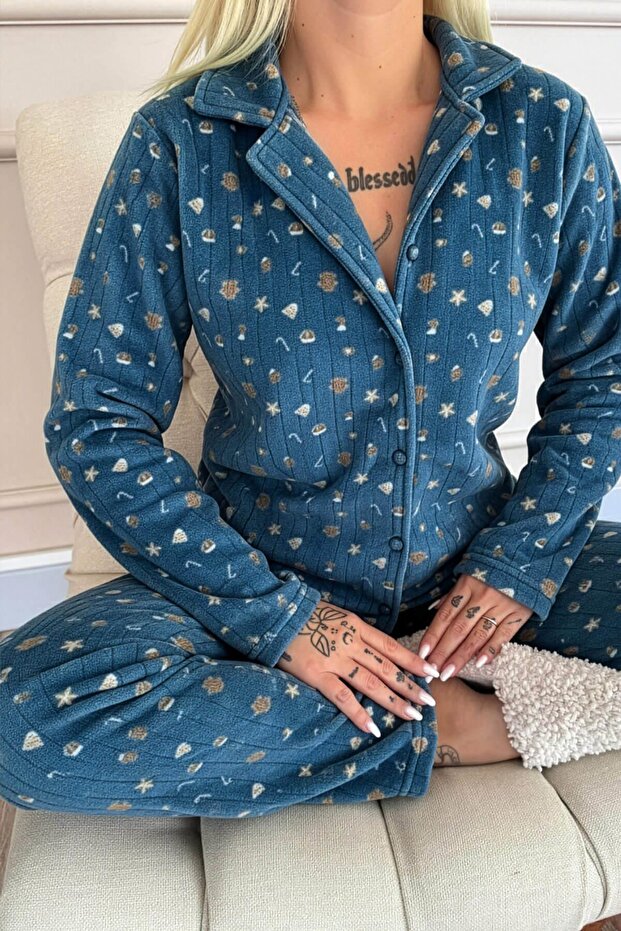 Blue Cookie Patterned Front Buttoned Plush Fleece Pajama Set - 4