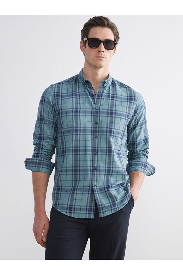 Khaki Regular Fit Long Sleeve Plaid Dobby Men's Shirt