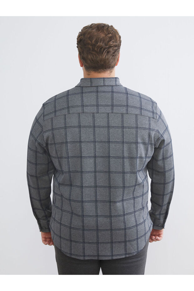 Gri Regular Fit Uzun Kollu Ekose Armürlü Erkek Gömlek - 4