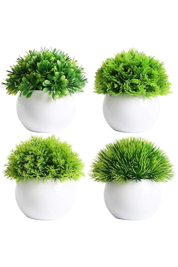 Mini Artificial Plants, Small Fake Green Plants in White Plastic Pots, Ideal for Home, Bathroom, and Shelf Decor, 4 Pcs