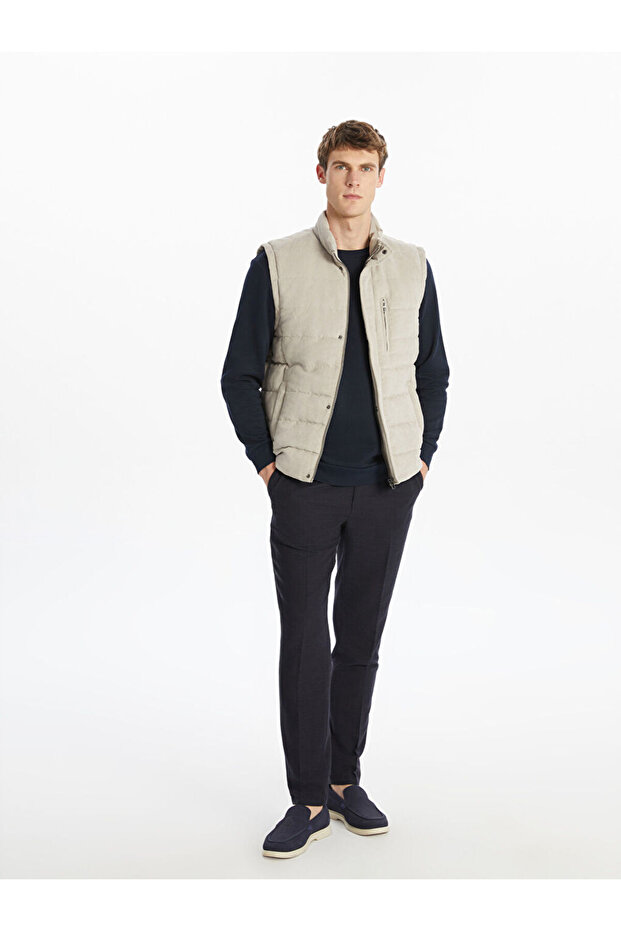 Bej Standart Kalıp Dik Yaka Süet Erkek Yelek - 2