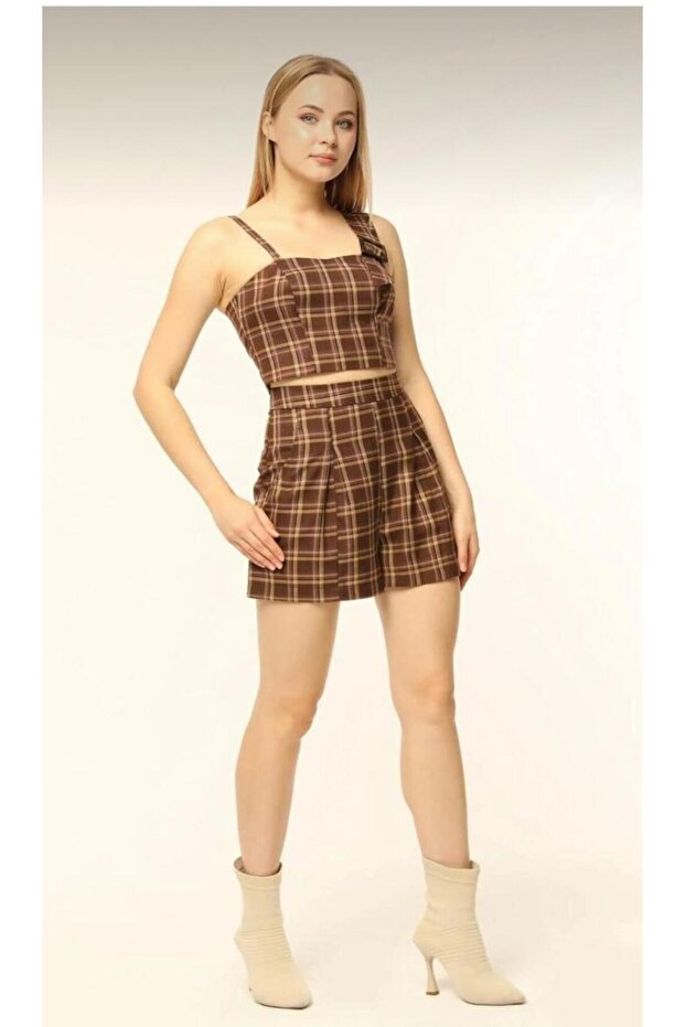 Kahverengi Ekose Pileli Yüksek Bel Şort - 5