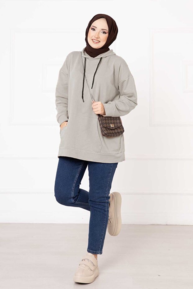 Kangaroo Pocket Hijab Sweatshirt Stone