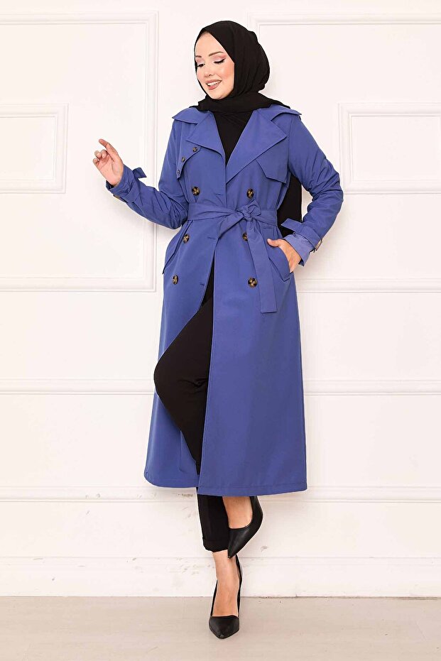 Comfortable Fit Double-Breasted Button Detail Adjustable Sleeves Trench Coat Indigo