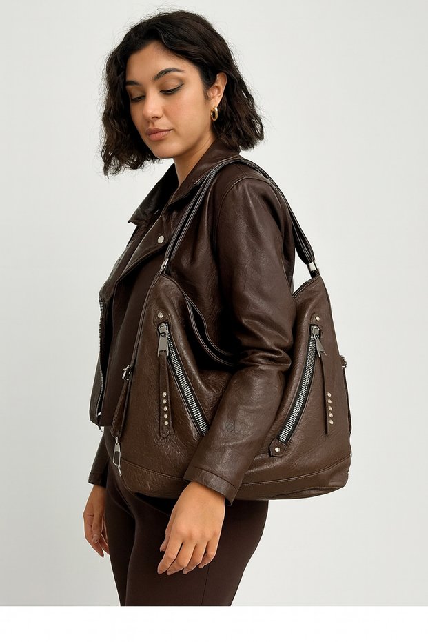Soft Faux Leather Zipper Detail Coffee Color Women's Bag Suitable for Hand Shoulder and Back Use