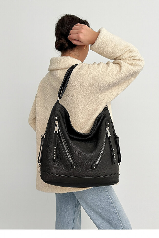Soft Faux Leather Zipper Detail Black Women's Bag Suitable for Hand Shoulder and Back Use