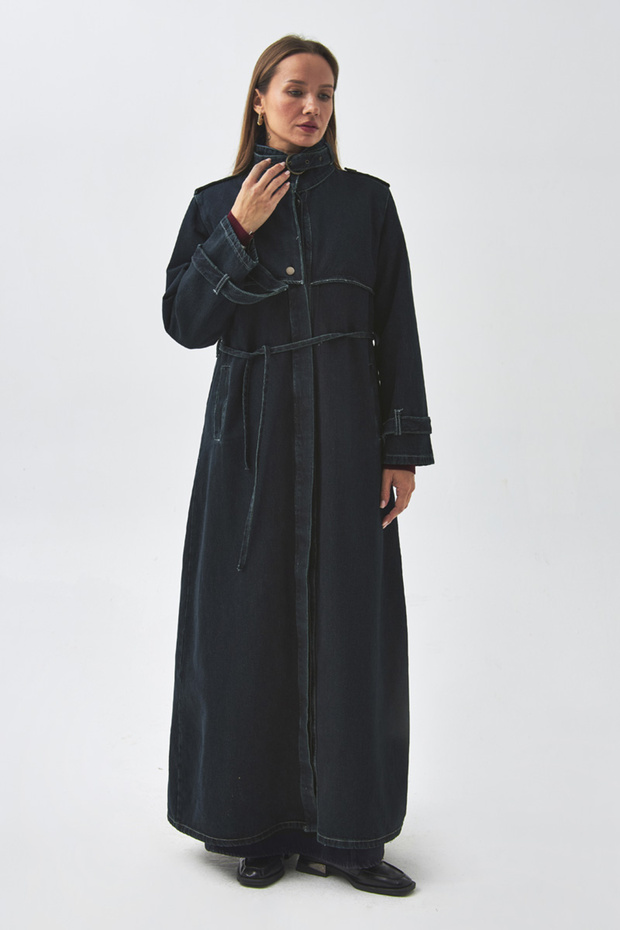 Apolet Detaylı Denim Trençkot Koyu Mavi - 4