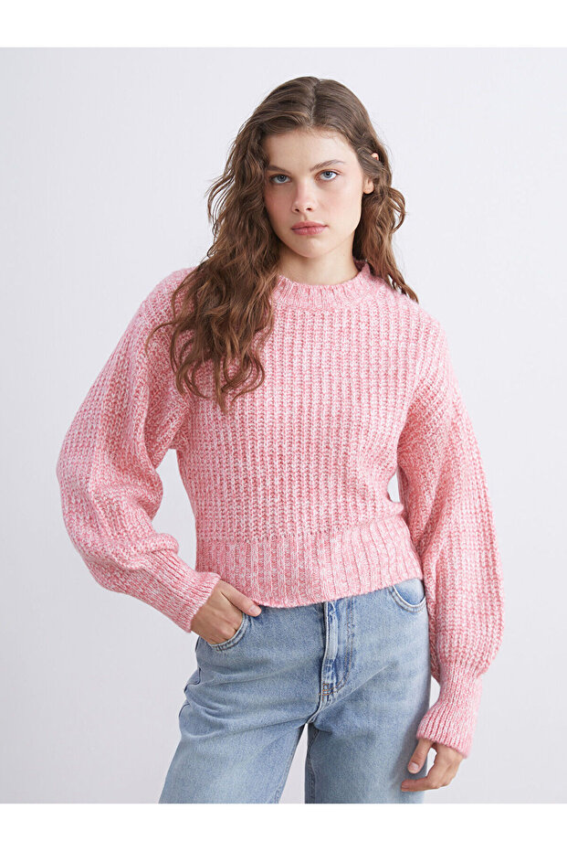 Pink Crew Neck Women's Knitwear Sweater