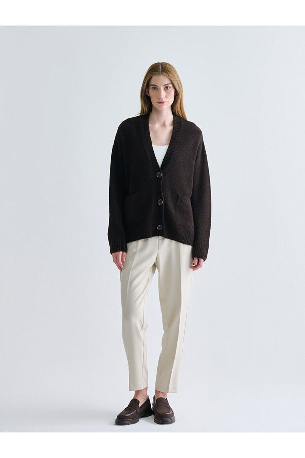 V Yaka Oversize Kadın Triko Hırka - 2