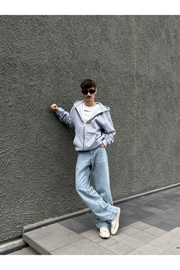 Gri Oversize Zip Hoodie - 2