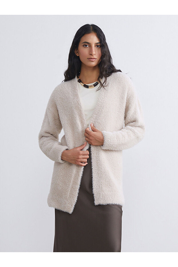 Two Mt Shop Quality Lcw Modest Ecru Plush Plain Women's Cardigan