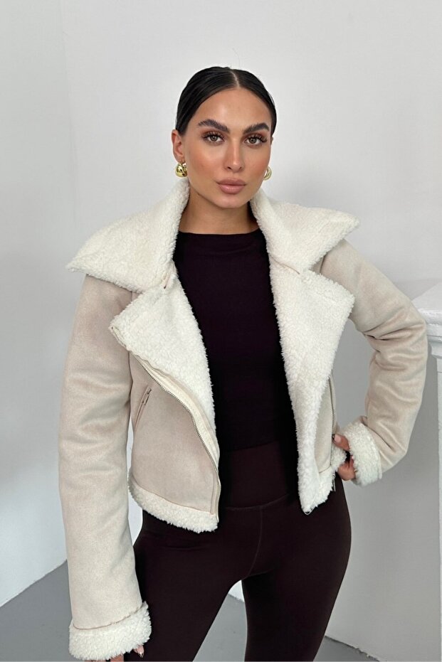 Women's Suede Coat Short Fur Lined Double Breasted Zipper Pocket Jacket