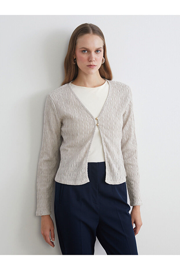 Lcw Everyday Gray V-Neck Textured Women's Cardigan