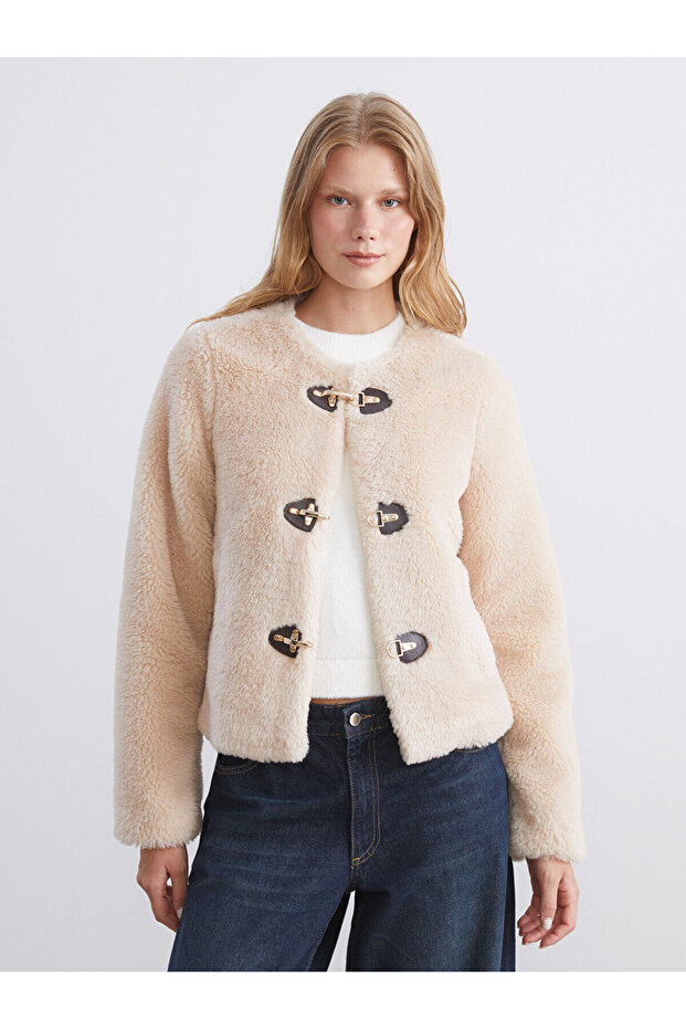 Alita City Lcw Vision White Oval Collar Women's Plush Coat with a Difference in Color