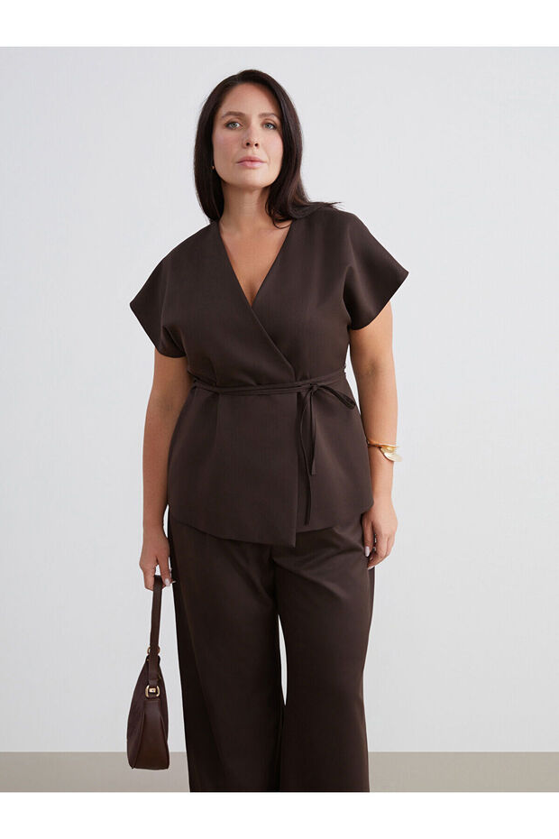 Alita City Farkıyla Soulife Brown Plain Double Breasted Short Sleeve Women's Blouse
