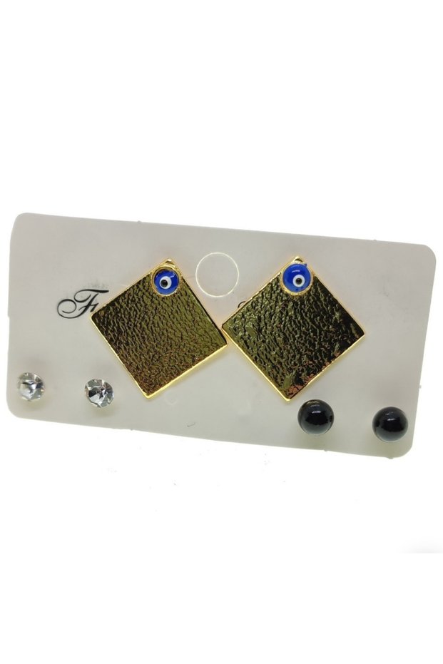 Gold Color Square Model Eye Evil Eye Enamel Combination Earrings