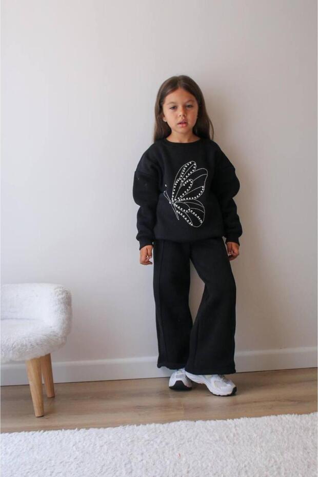 Butterfly Stone Printed Embroidered Girls' Two-Piece Tracksuit Set