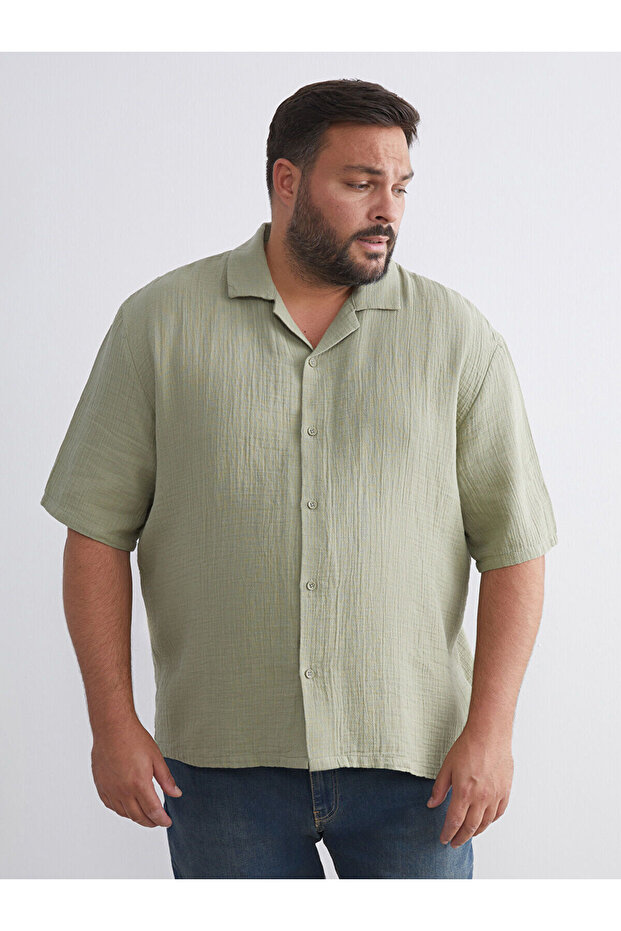 Khaki Comfortable Fit Resort Collar Short Sleeve Muslin Men's Shirt
