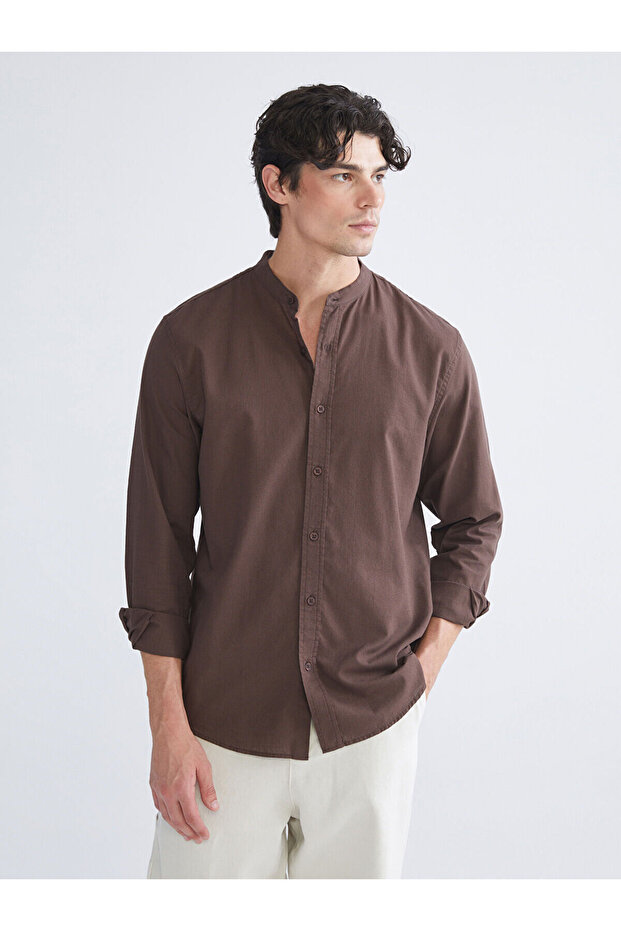 Regular Fit Hakim Yaka Uzun Kollu Poplin Erkek Gömlek - 1