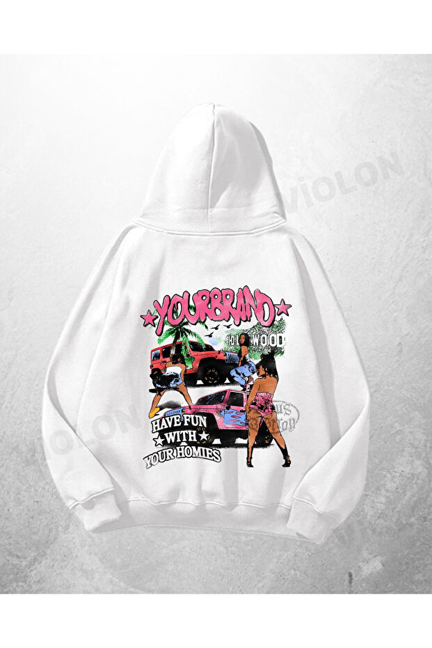 White Unisex Your Brand Printed Oversize Hoodie Sweatshirt