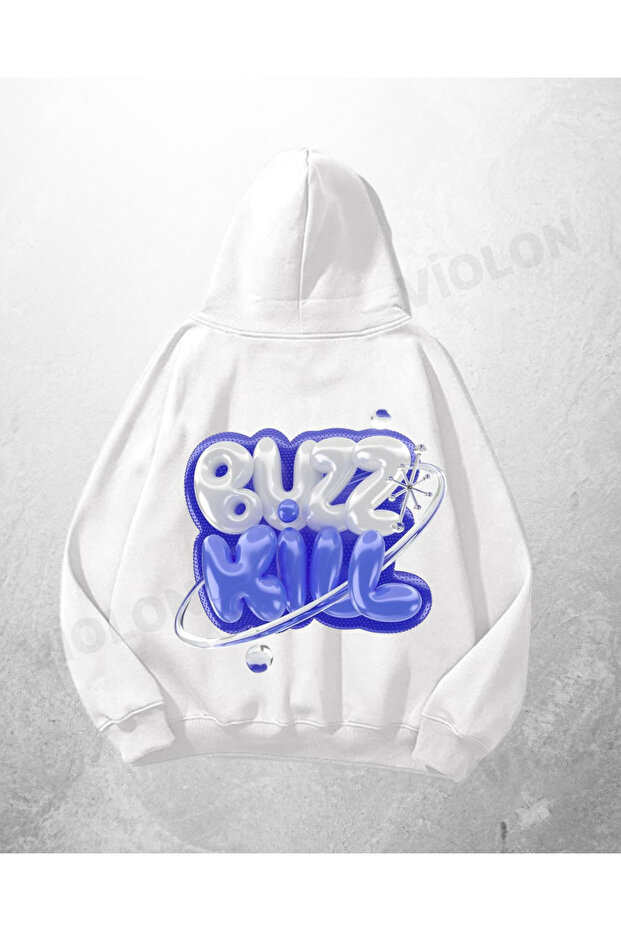 سويت شيرت بقلنسوة كبير الحجم مطبوع عليه Buzz Kill باللون الأبيض للجنسين