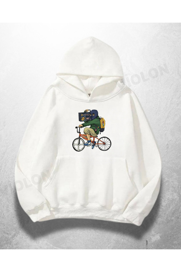 White Unisex Travel Cyclist Printed Oversize Hoodie Sweatshirt