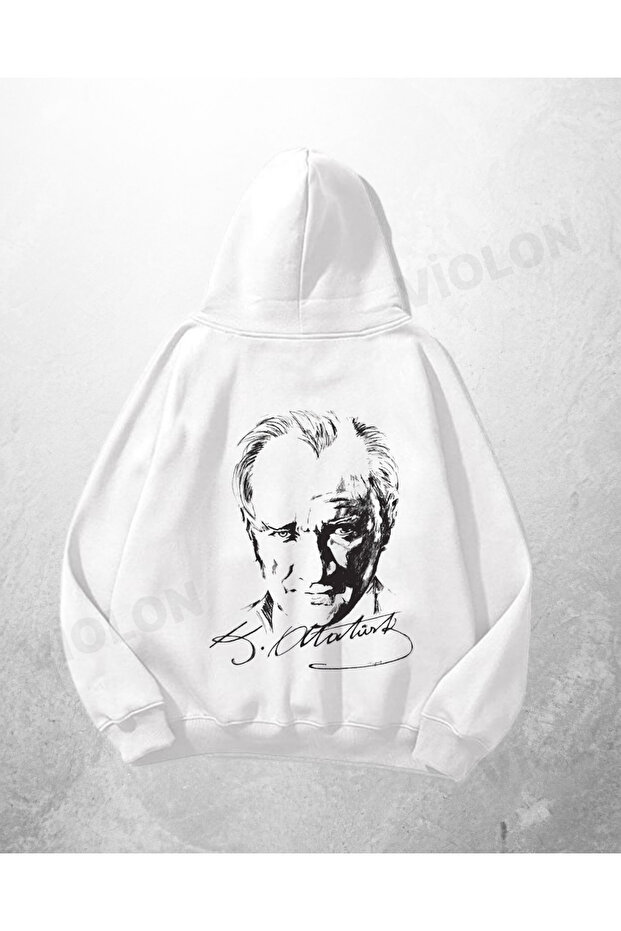 White Unisex Ataturk Portrait Printed Oversize Hoodie Sweatshirt