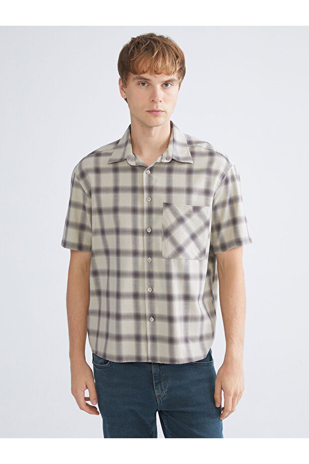 Beige relaxed fit short sleeve plaid shirt for men from plus-store