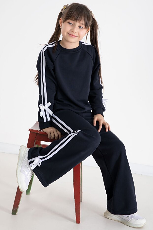 Navy Blue Bow Detailed Striped Girls' Crew Neck Tracksuit Set 22732