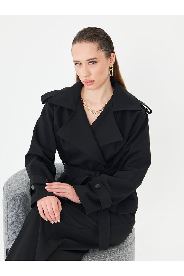 Women's Trench Coat Short Women's Trench Coat Black Lined Hijab Trench Coat Waist Tie Front Tie