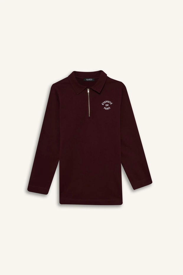 G1312 Burgundy Regular Fit Polo Neck Embroidered Half Zipper Sweatshirt Tunic