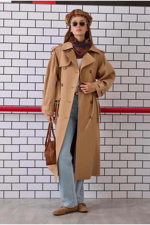 Çift Kemerli Trençkot Camel - 1