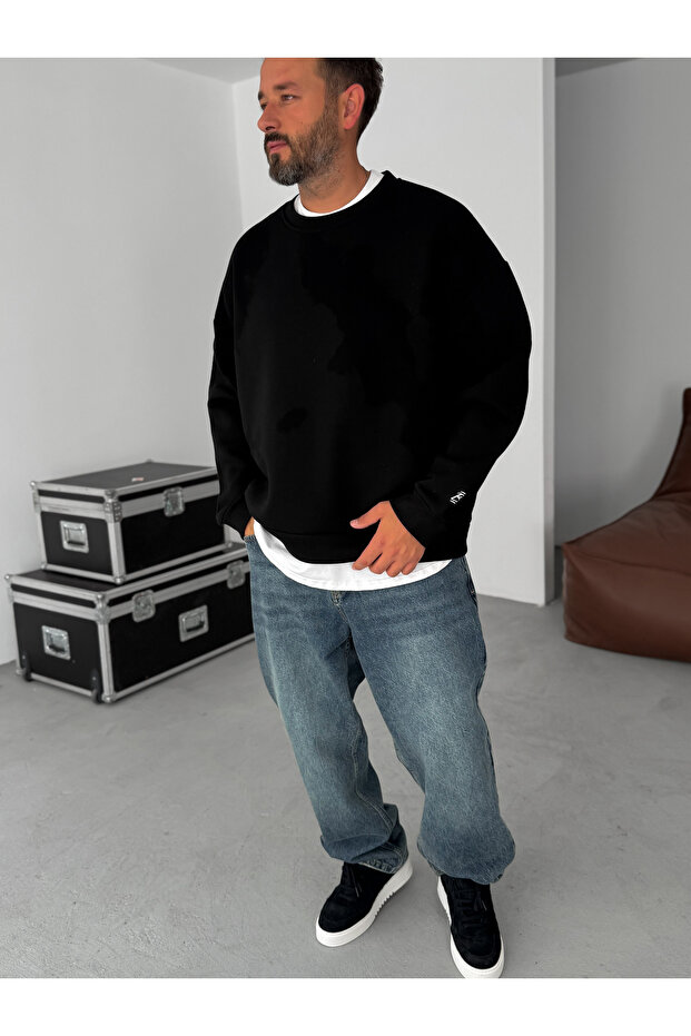 Siyah BB Nakışlı Basic Oversize Sweatshirt BY - 8